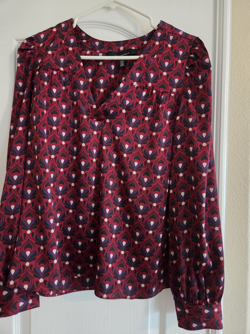 White House Black Market Burgundy and Purple Patterned Long-Sleeve Blouse
